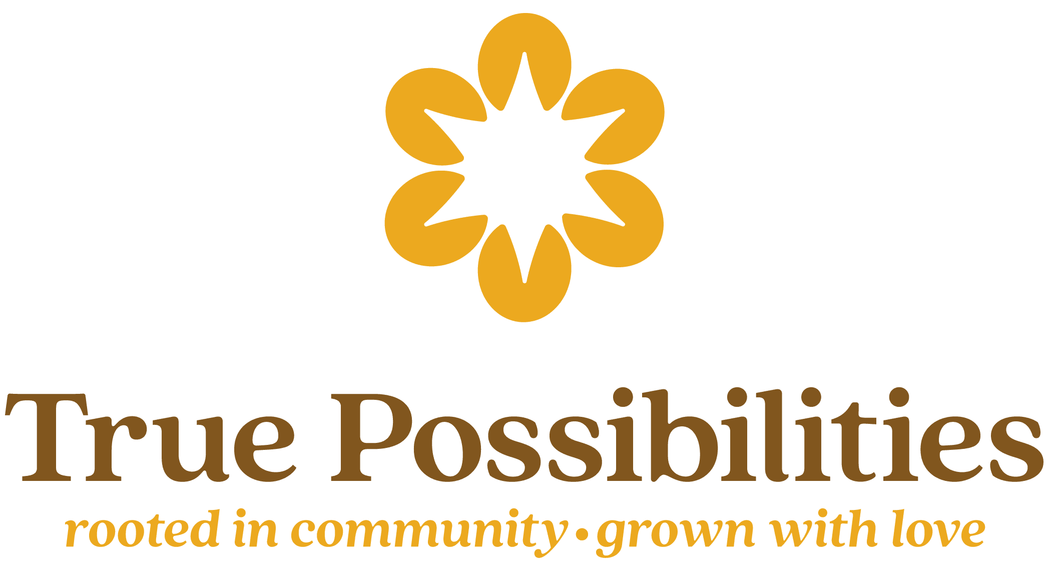 The orange and brown TruePossibilities logo with rooted in community, grown with love underneath.